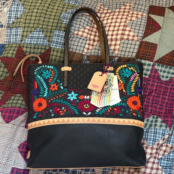 Consuela Handbags - Consuela Black Tote with Multicolor Floral Embroidery